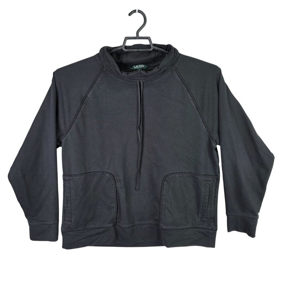 Womens Lauren Ralph Lauren Black Pullover Sweatshirt Drawstring Collar Size L